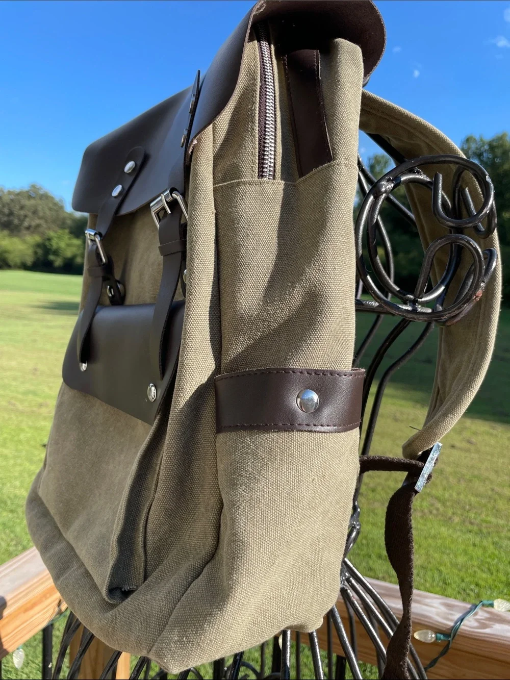 Canvas and Leather Men’s Backpack in Khaki and Dark Brown
